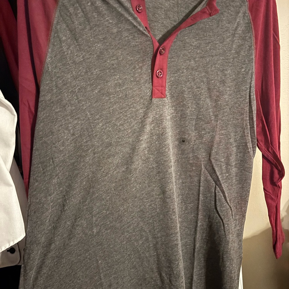 Men's Grey and Maroon Henley Shirt